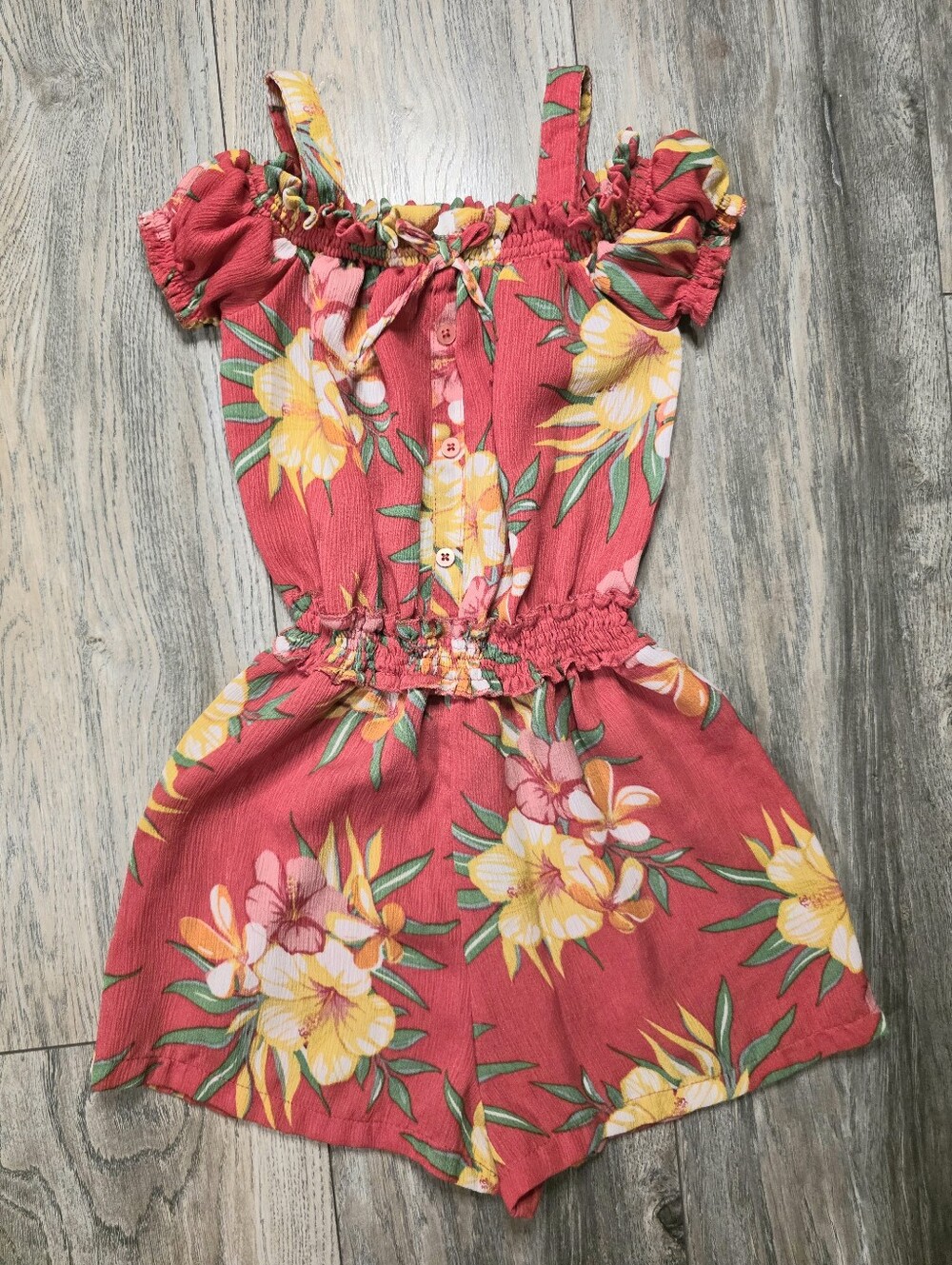 BCBG Girls Coral Floral Off-Shoulder Romper with Yellow Blooms
